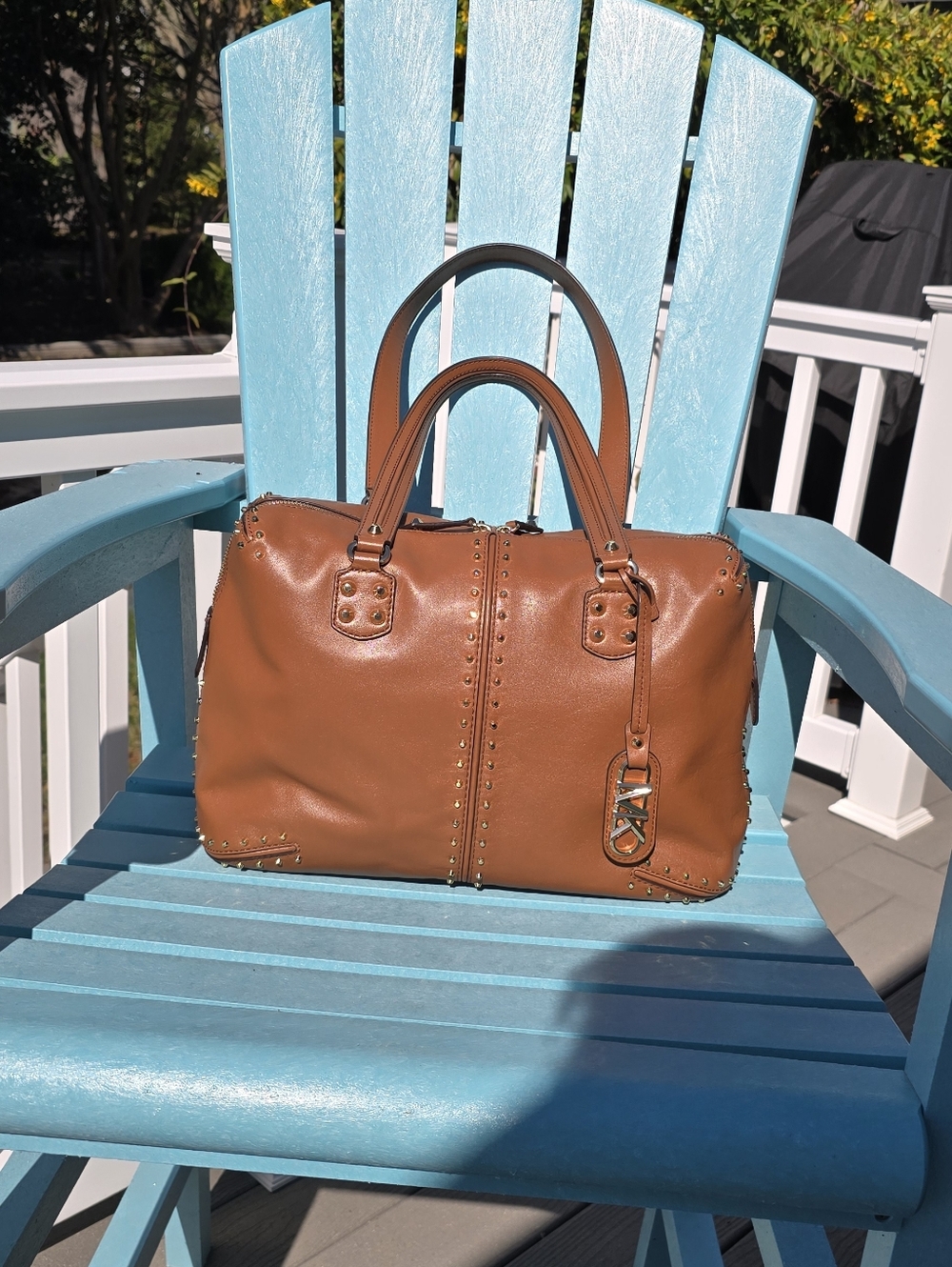 Michael Kors Astor Gold Studded Cognac Brown Leather Top-Handle Women’s Satchel